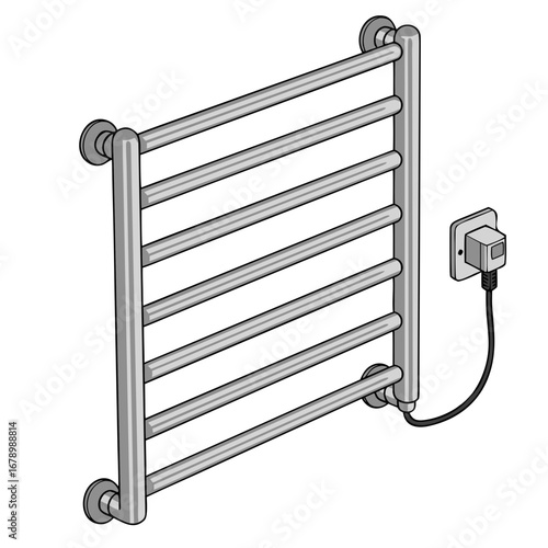 Electric chrome towel warmer with wall mounting and plug on a transparent background
