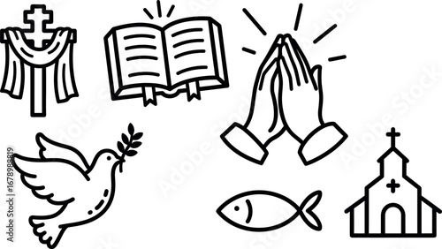 Christian symbols vector set with praying hands, dove, church, fish, Bible, and cross icons for religious design