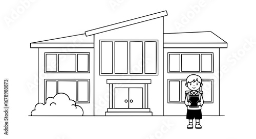 Black and White Vector Illustration of a School Building and Student
