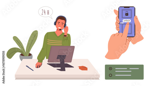 Customer service agent with headset at desk, assisting remotely. Nearby a mobile phone unlocks on touch. Ideal for support, security, communication, technology, service, simplicity connection