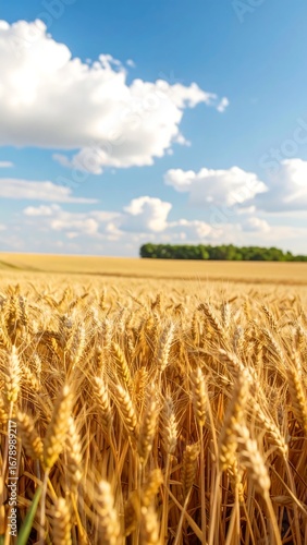 A vast expanse of golden wheat stalks stretches towards a vibrant summer sky filled with fluffy white clouds.