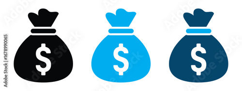 Three stylized money bags with dollar signs in black blue and dark blue isolated on transparent background