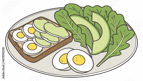 A plate of toast topped with sliced eggs and avocado with a side of lettuce and avocado slices