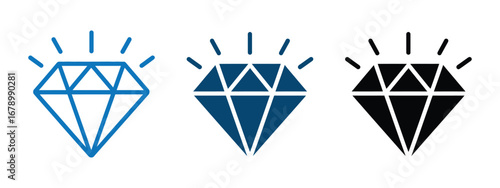 Three stylized diamond icons in blue dark blue and black representing luxury and precious gems isolated on transparent background