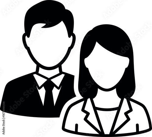 Businessman and businesswoman simple black silhouette vector icon design for professional work concept