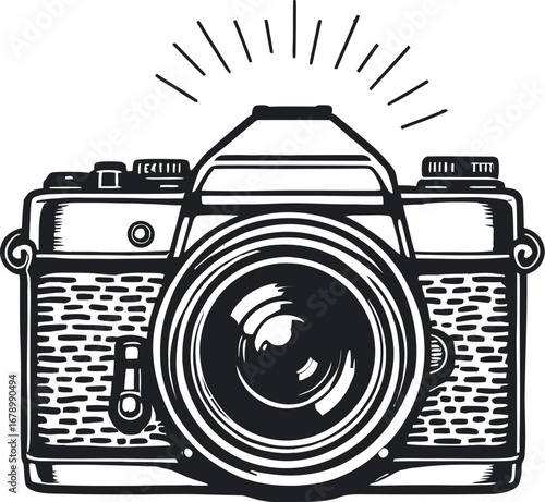 Vintage film camera illustration in black and white with detailed lens textured body and retro photography style elements