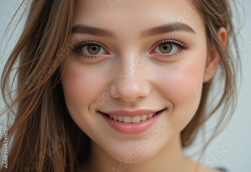 A closeup portrait of a young woman with long brown hair, warm brown eyes, and a gentle, radiant smile, 8k resolution, trending on artstation, highly detailed, photorealistic
