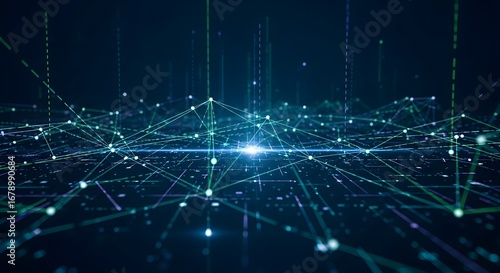Abstract digital network visualization with glowing nodes and connecting lines, futuristic concept.