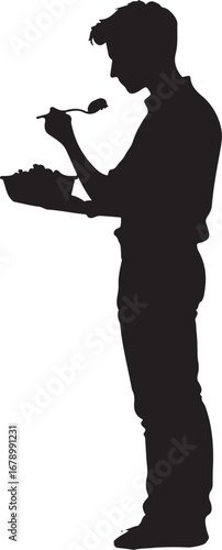 A stylized black silhouette of a person stands and eats from a bowl using a spoon, their posture slightly hunched.