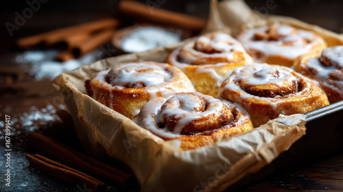 Freshly baked cinnamon rolls with sweet icing glaze in a rustic tray. These golden, soft buns offer a comforting, indulgent treat for breakfast or dessert.