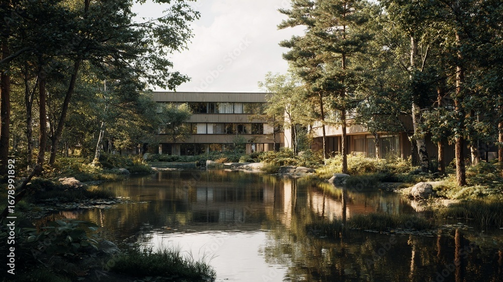 Fototapeta premium Modern suburban building by serene lake