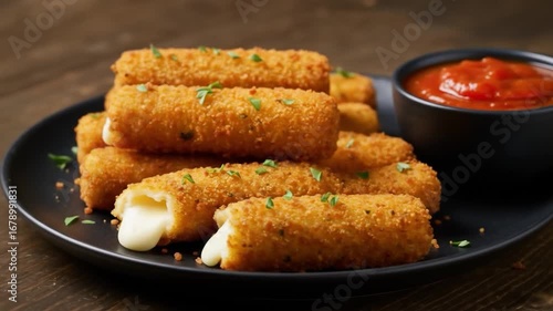 Golden mozzarella sticks with dipping sauce a classic appetizer for indulgent snacking