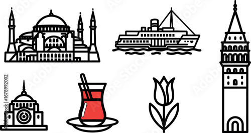 Istanbul iconic landmarks and cultural symbols vector set with historic mosque tower ferry tulip and tea glass