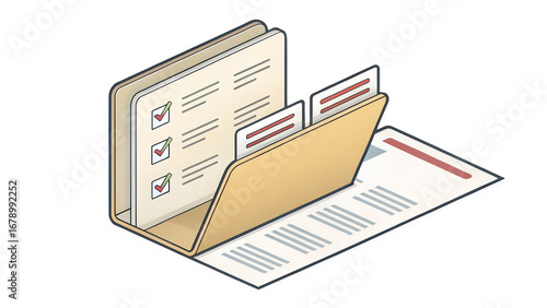 A golden folder holds documents and reports with completed checklist items, symbolizing organization and progress isolated on transparent background
