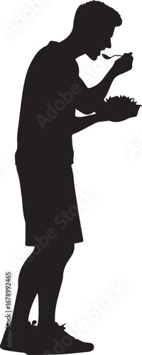 The image shows a black silhouette of a person, seemingly male, bent over, eating from a bowl with a spoon in their right hand.