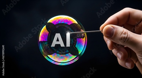 Hand Popping Soap Bubble with AI Letters—Artificial Intelligence Hype Concept

