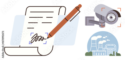 Pen signing a document, surveillance camera recording, and industrial plant emitting smoke. Ideal for security, compliance, monitoring, contracts, regulation risk management surveillance. Simple
