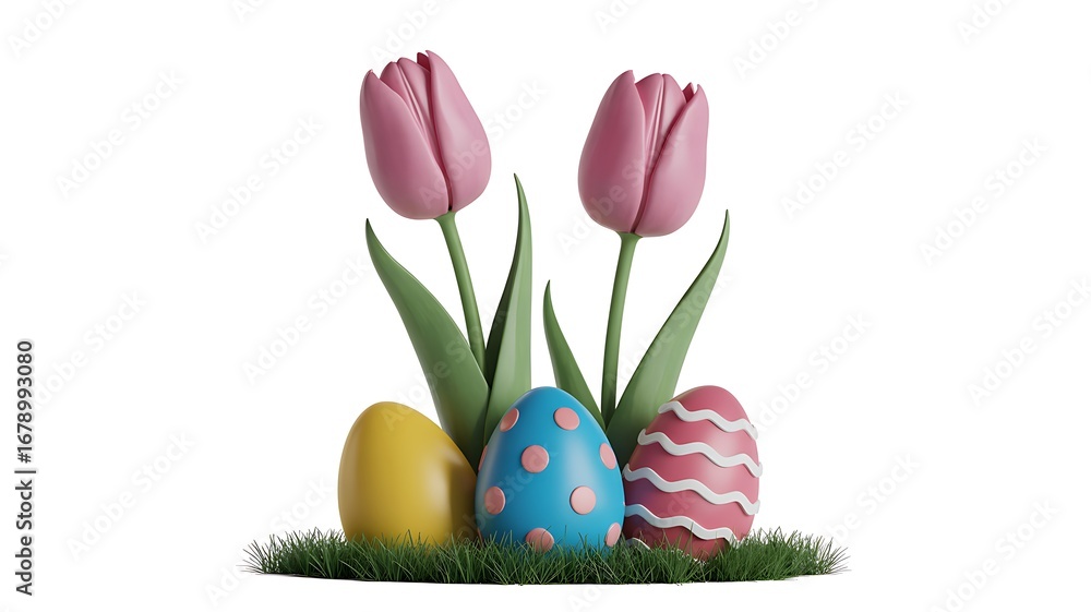 Fototapeta premium Delightful Easter Still Life Featuring Pink Tulips and Colorful Decorated Eggs on a Patch of Green Grass Celebrating Spring