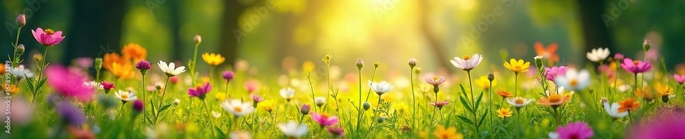 Fototapeta premium A vibrant spring meadow bursting with wildflowers, sunlight dappling through leaves, a gentle breeze swaying the blossoms Perfect for themes of freedom, joy, and renewal , vibrant, blossom, horizon