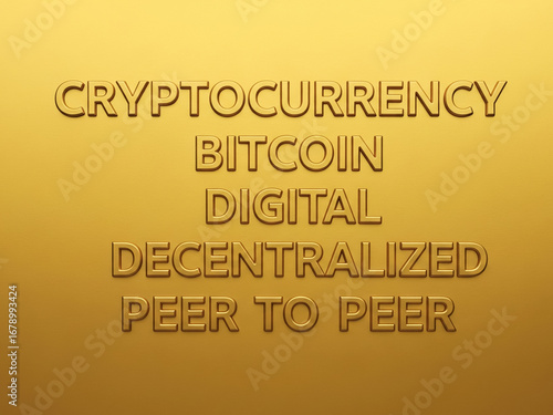 Golden background with embossed words cryptocurrency, bitcoin, digital, decentralized, peer to peer, representing blockchain technology, financial innovation, modern money system, trustless