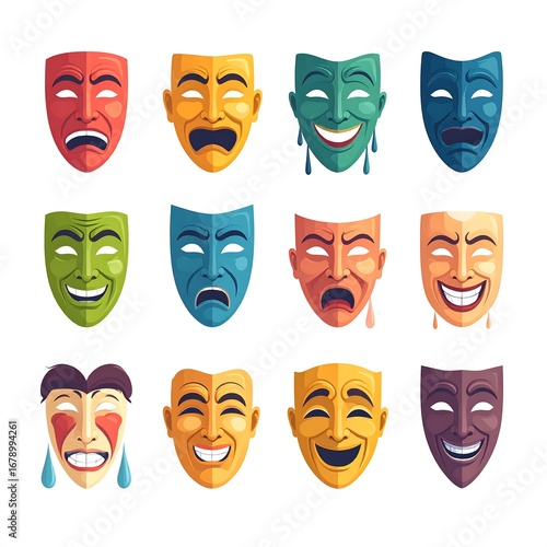 Colorful theatrical masks displaying various emotions