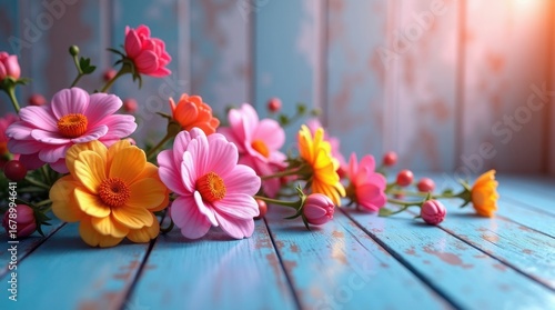 Wallpaper Mural Pink yellow orange flowers on blue wooden planks buds Torontodigital.ca