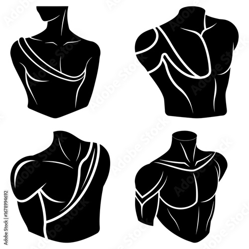 Four stylized torso illustrations in black and white showcasing varying body types and line details