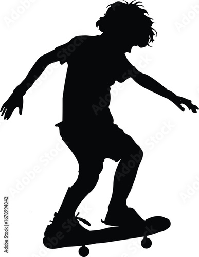 A dynamic silhouette of a skateboarder in motion, captured mid-air, showcases the skater's youthful energy and skillful balance as they navigate their board.