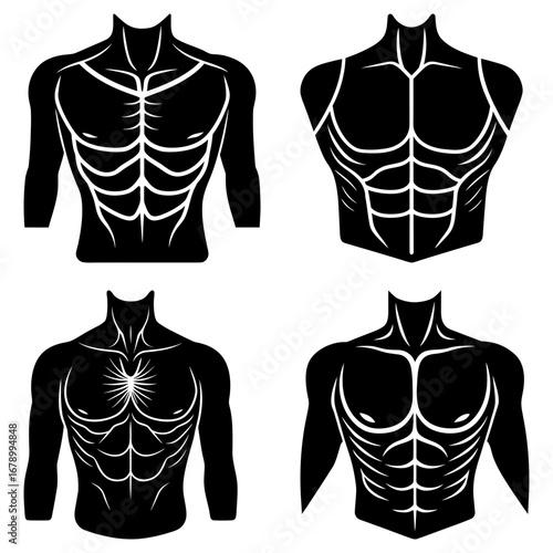 Four black and white illustrations of male torsos showcasing muscular anatomy and body definition