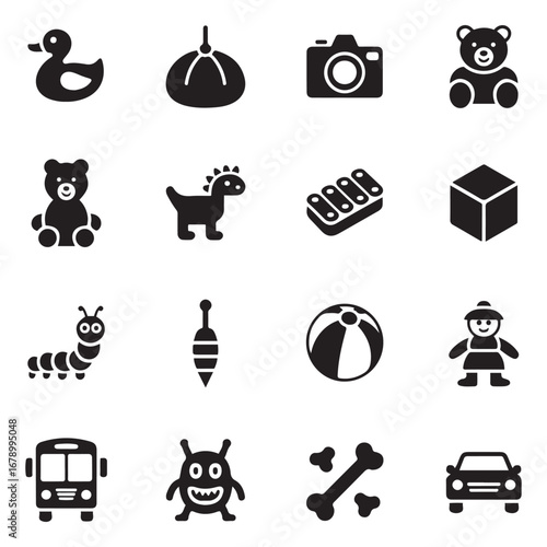 Set Solid vector icon - duck toy vector, beanbag, camera, dinosaur, bear, wheel horse, xylophone, cube, caterpillar, beach ball, doll, bus, dart, monster,