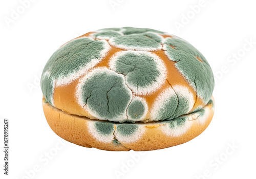 Close-up view of a moldy hamburger bun, showcasing a pattern of green and white mold on a light orange-brown background.