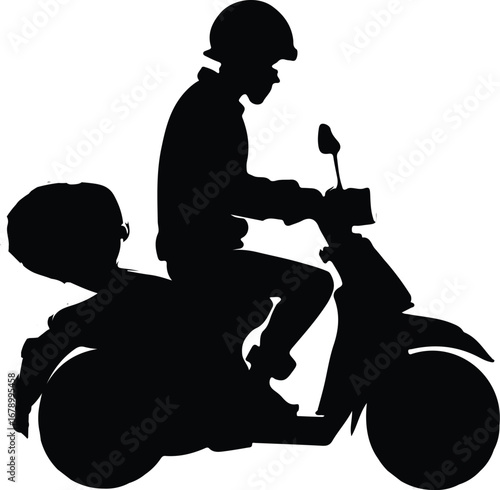A black silhouette shows a person wearing a helmet riding a scooter with a rear carrier, suggesting delivery or commuting.