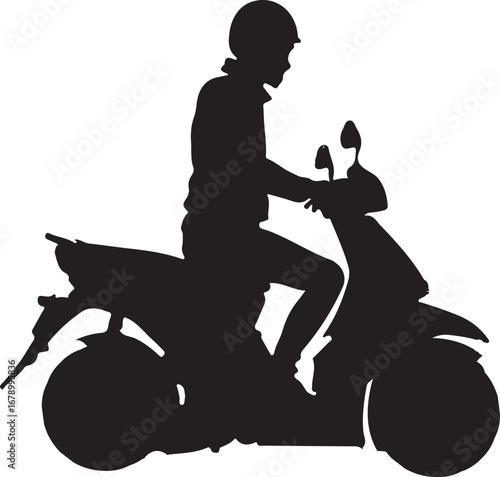 The image is a black silhouette of a person wearing a helmet riding a scooter, with the scooter facing to the right and the person looking forward.