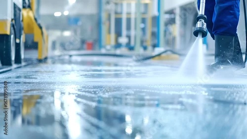 Professional industrial cleaner sanitizing factory floor with high pressure water jet, maintaining workplace safety and optimal cleanliness in manufacturing environment