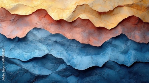 Abstract layered paper texure in warm and cool tones creating a visually strikng landscape ideal for cretive projects and modern dsign.