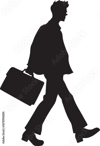 A stylized black silhouette depicts a man in a suit and carrying a briefcase striding purposefully, his mouth open as if speaking or shouting.