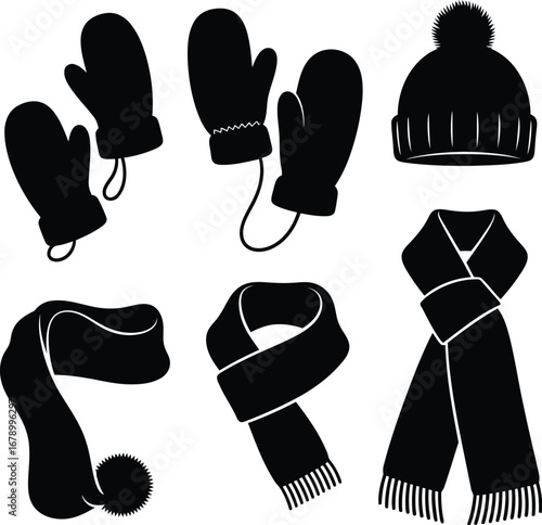 Silhouette icons of winter clothing: mittens, scarves, and a hat.