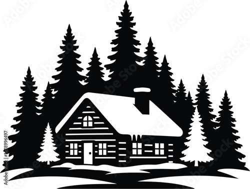 A cozy snow-covered log cabin nestled among tall pine trees in a winter forest scene, depicted in a monochrome silhouette style.