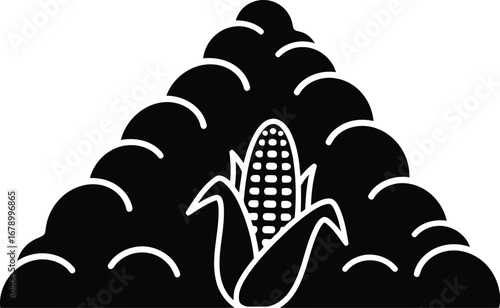 Stylized black silhouette of a triangular cloud formation or mountain with a single ear of corn, partially husked, at its core.