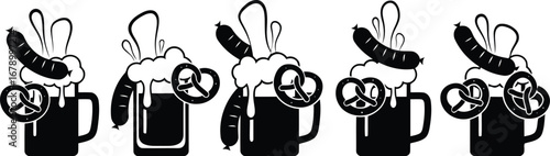 A repeating pattern of black and white icons featuring beer mugs, pretzels, and sausages, symbolizing Oktoberfest.