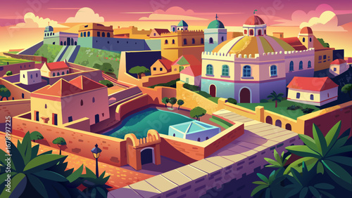 The Campeche Historic Fortified Town in Mexico glows with pastel-colored houses, defensive walls, and bastions, a living reminder of colonial trade and protection against Caribbean pirates.