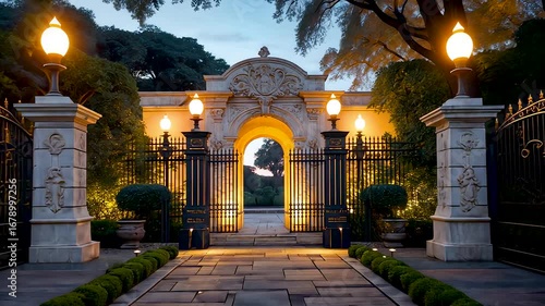 Ornate stone entrance gate with glowing lanterns and iron fence leading to illuminated garden pathway at night
