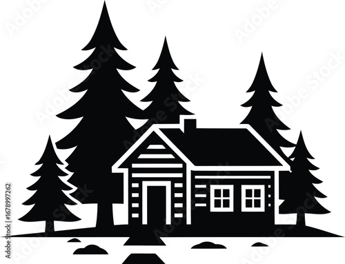 Black and white illustration of a cabin nestled among tall evergreen trees in a forest setting.