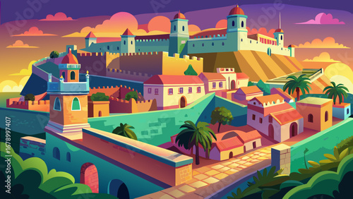The Campeche Historic Fortified Town in Mexico glows with pastel-colored houses, defensive walls, and bastions, a living reminder of colonial trade and protection against Caribbean pirates.