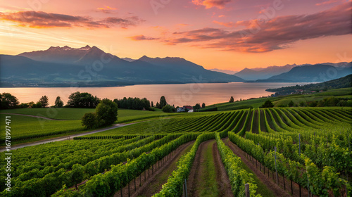 Wallpaper Mural Vineyard landscape with majestic mountains and serene lake at sunset in the countryside beauty Torontodigital.ca