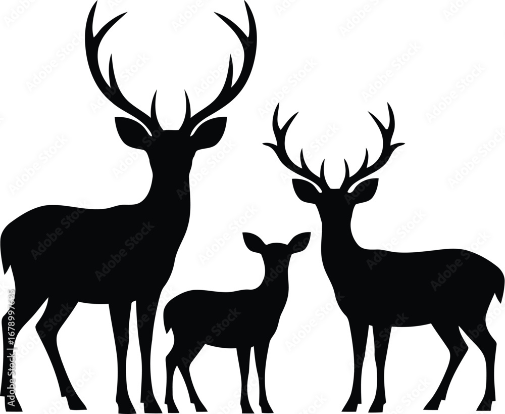 A family of three deer, including a large stag, a smaller buck, and a fawn, depicted as black silhouettes.