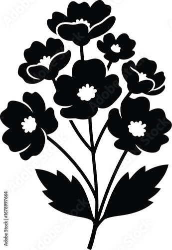 A simple black and white silhouette of a bouquet of flowers with multiple blooms and leaves, creating a decorative floral design.