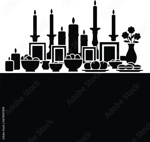 Silhouette of a table with candles, photos, fruit, and flowers, likely a memorial or religious offering.