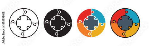 Set of five puzzle pie chart icons. Puzzle icons, business strategy plan management concept
