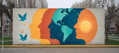Global unity mural art on concrete wall with diverse faces and birds for community and peace concept .mockup 
